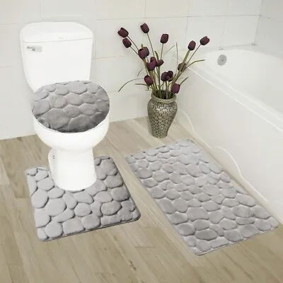 3Piece Set Velvet Memory Foam Bathroom Countour Mat Bath Rug Lid Cover ROCK  • $19.55