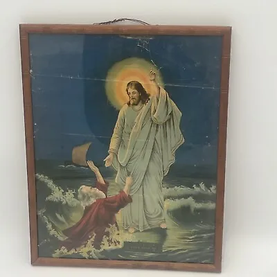 Antique Vintage Jesus Lithograph Wood Picture Frame 12x15 In  1927 Hand Note • $30