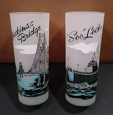 Mackinac Bridge And Soo Locks 2 Vintage 7 In Frosted With Graphics Glasses • $34.99