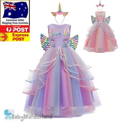$47.95 • Buy Girls Unicorn Full Length Dress Up Fairytale Birthday Costume Headband Wings Set