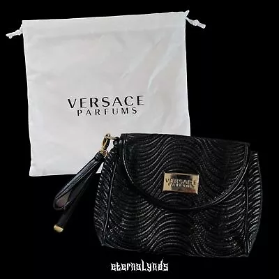 Versace Parfums Clutch Wristlet Bag W/ Dust Bag Black Gold Leather Waves • $48