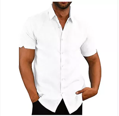 Mens Summer Solid Lapel Short Linen Shirt Sleeve Button-down Casual Loose Tops • $15.39