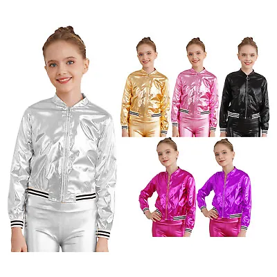 Girls Shiny Metallic Long Sleeve Jacket Coat Modern Jazz Hip Hop Dance Costume • £12.62