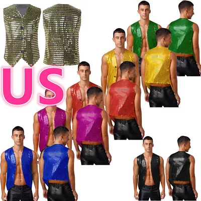 US Men Sequin Vests Waistcoat Dance Top Hip Hop Performance Party Costume Jacket • $12.23