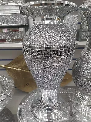 £24.99 • Buy 40Cm Sparkle Diamond Crushed Crystal Sparkly Silver Mirrored Floor Vase Style054