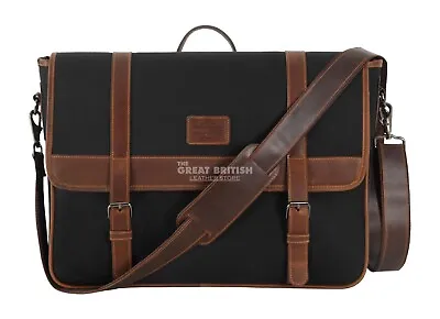Work Satchel Messenger Bag Canvas Laptop Bag Leather Strap Business Shoulder Bag • £59.49