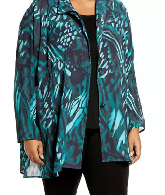 NWT $325 Ming Wang Career Blouse Jacket Black Teal Wired Collar 1X • $79