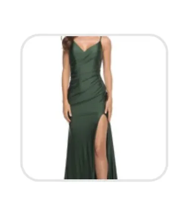 La Femme Emerald Green Sleeveless V-Neck High Leg Slit A-Line Gown Size 2 $408 • $99.99