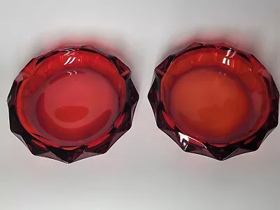 Viking Glass Ruby Red 9in Pair Of Diamond Point Cigar Ashtray Vintage MCM • $130