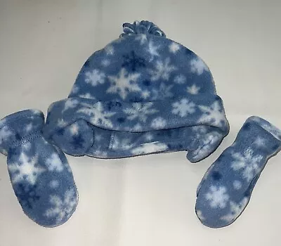 Infant Baby Fleece Winter Hat Mitten Set Size 0-12 Months Blue White Snowflakes • $7.99