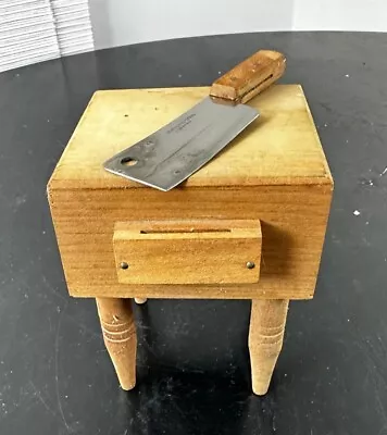 Vintage Miniature Butcher Block Table & Knife Cleaver Japan Stainless Mini • $59