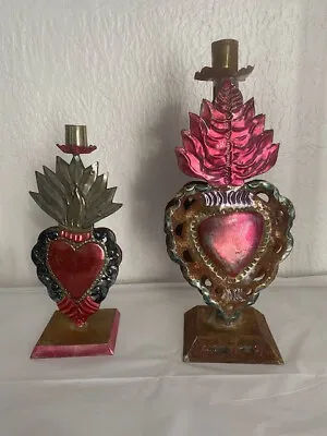 Pair Mexican Tin Sacred Heart Candle Holders Folk Art Mexico Southwestern Altar • $85