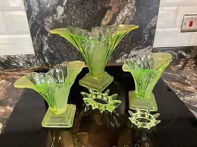 RARE FIND Set Of Three Walther Sohne Greta Uranium Green Glass Vases Two Frogs • £350