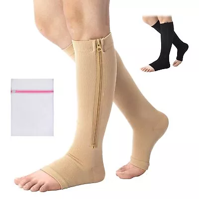 Zip Up Compression Socks High Leg Support Knee Slimming Stocking Open Toe Unisex • £6.49