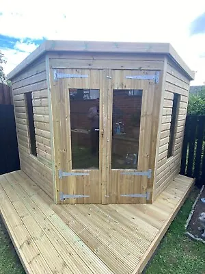 GARDEN SHED CORNER SUMMER HOUSE TANALISED SUPER HEAVY DUTY 9x9 19MM T&G. 3X2 • £1970