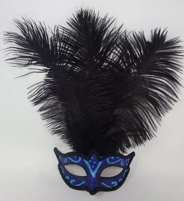  Blue Black Turquoise Venetian Masquerade Carnival Ball Party Eye Feather Mask • £18.95