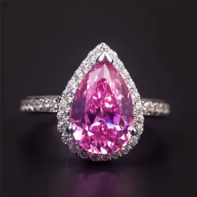3Ct Pear Lab-Created Pink Sapphire Halo Engagement Ring 14K White Gold Finish • $94.86