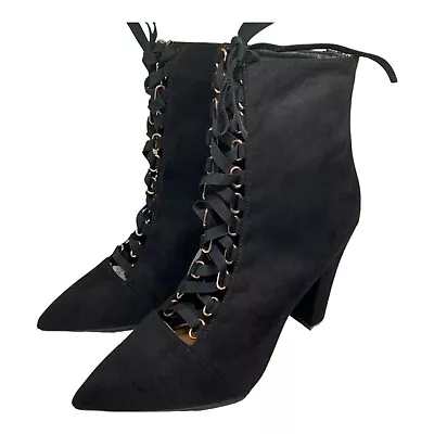 Bamboo Winter Boots Women Size 10 Black Suede Lace-Up Heeled Pointed Toe Boots • $29.99