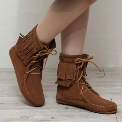 NEW Minnetonka Lace Up Double Fringe Tramper Suede Boot Cognac Tan Bootie Sz 6 • $69