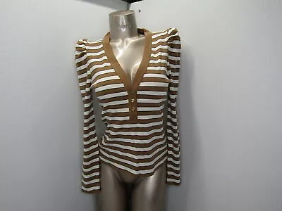 Veronica Beard Women's Shirt Top Striped Puff Sleeve Size Medium Camel White • $50