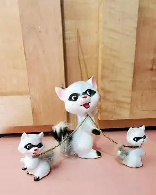 ENESCO Vtg Set 3 Raccoon Figurines Mom W/ 2 Babies Fur Tailschain Japan Seal • $27.99