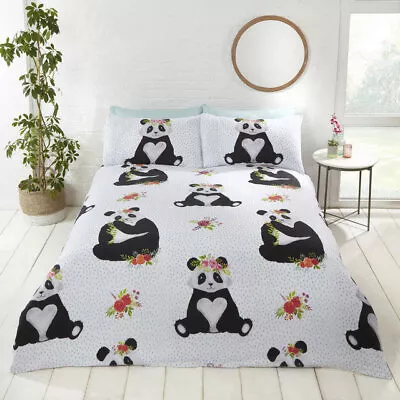 Pandas Animal Floral Panda Bear Soft Polycotton Duvet Cover Set • £16.99