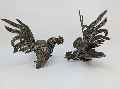 Vintage Set Of 2 Metal Fighting Rooster Figurines With Rhinestone Eyes • $39.95