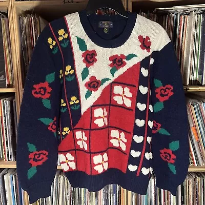 Vintage Charter Club Wool Floral Sweater Roses Flowers Hearts Sz 1X • $28