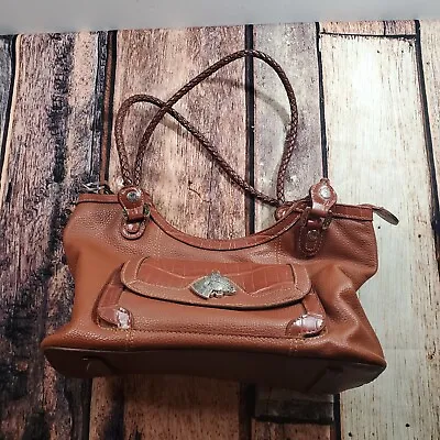 M.C. Handbag Purse Shoulder Bag Brown Leather Vintage Zip Equestrian Horse • $20.99