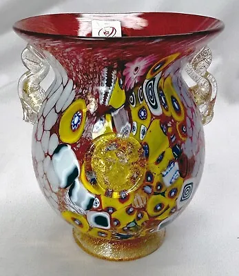 Murano Millefiori 5  Vase Venice Glass With Lion Heads Hand-Made - Excellent • $329.95