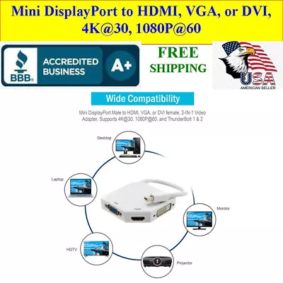 Mini DisplayPort Male To HDMI VGA Or DVI Female 3-IN-1 Adapter. Unidirectional • $37.95