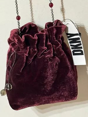 VTG DKNY•Plum•Velvet•'Drawstring  Bag Very Rare•Sequin Logo•Chain & Bead Strap • $78