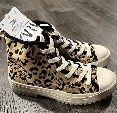 $13.50 • Buy ZARA Leopard Platform PRINTED HIGH-TOP SNEAKERS Big Kids Size 35