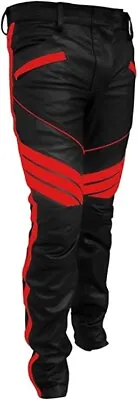 Mens Hot Style Motorcycle Bikers Real Black And Red Leather Pants Jeans Trouser • $125