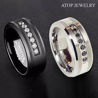 8mm Black/Silver Tungsten Carbide Ring Inlay Comfort Fit ATOP MEN Wedding Band • $28.99