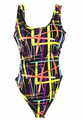 # Neon Stripe Leotard 80s Ladies Costume Stretch High Cut • $24.99