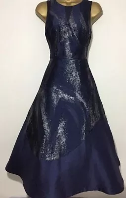 Gorgeous Coast Navy Blue Silver Jacquard Fit Flare Occasion Midi Dress Size 12 • £65