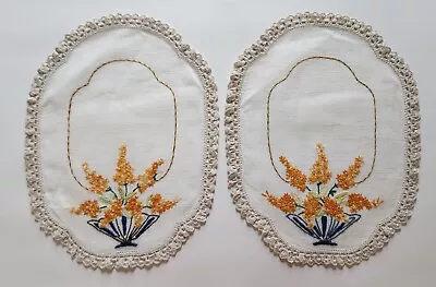 2 Vintage Linen Doilies Hand Embroidered Lilacs French Knots Crocheted Lace Trim • $7