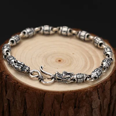 Sterling Silver Six-word Motto Carved Beads Dragon Chain Women Men Bracelet • $42.23