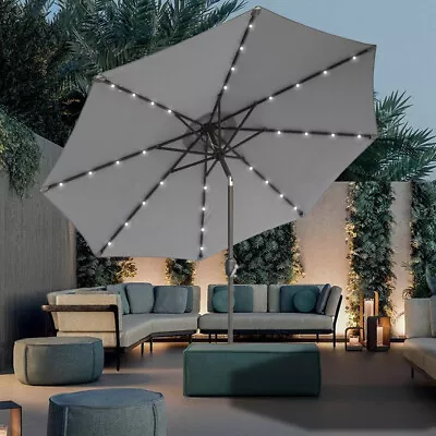 2.7M LED Solar Outdoor Parasol Garden Patio Sun Shade Umbrella Tilt & Crank Grey • £66.95