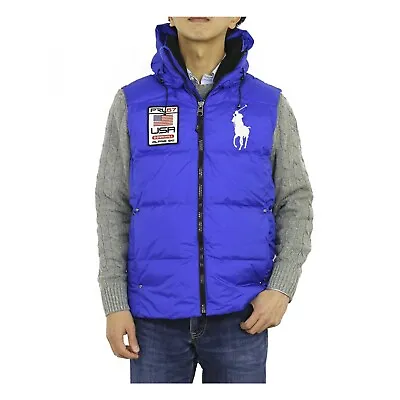 MINOR DEFECT* Polo Ralph Lauren Big Pony Hooded Down Vest W USA Patch - Blue - M • $139.99