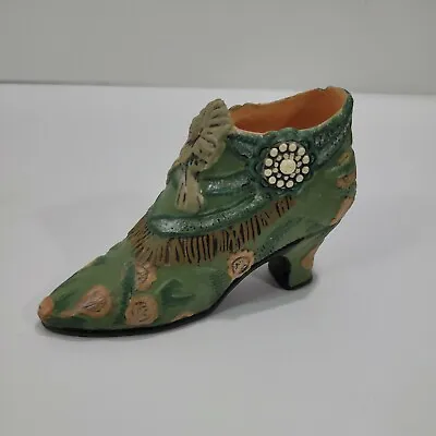 Vintage Shoe Figurine Porcelain Green W/ Bow & Flowers Fashioned Decorative • $14.95