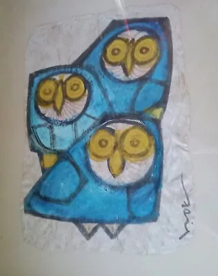 Vintage MCM Mid Century Modern Painting OWLS Beautiful Blue 1950s 60s 70s  • $250