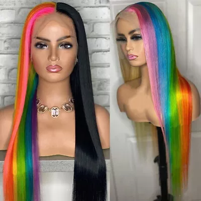 Half Black Blonde Red Half Rainbow Lace Front Wig Long Straight Synthetic T Part • $56.99