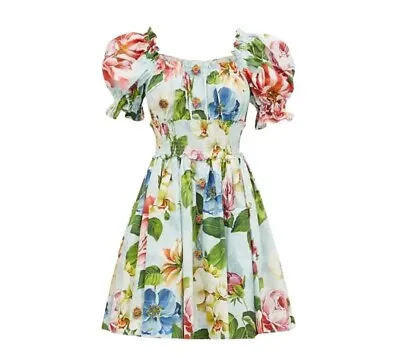 DOLCE & GABBANA Multicolor Blue Red Floral Cotton Midi A-line Dress 36IT UK4 XS • $780