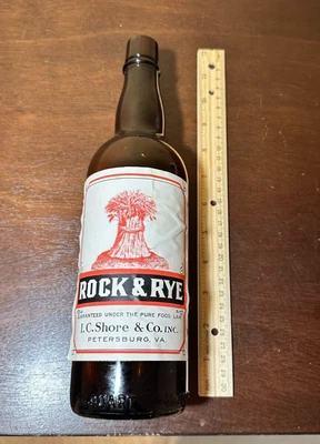 $99.99 • Buy Antique Duraglas Amber Glass Bottle Label Rock & Rye Whiskey Petersburg VA