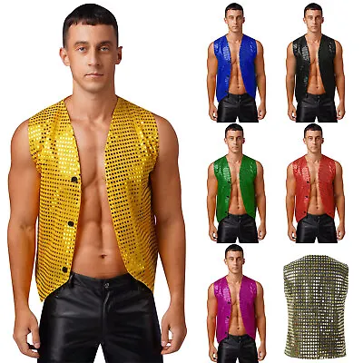 Mens Vest Shiny Jacket Performance Waistcoat Sequin V Neck Dance Costume Prom • $13.20