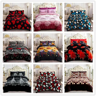 3 Pieces Sherpa Blanket Warm Reversible Printed Borrego Blanket Set King/Queen • $43.69