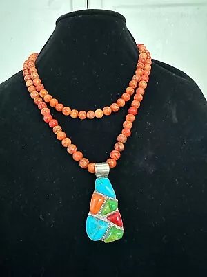 Jay King 40  Orange Coral Bead Necklace With Coral And Turqoiuse Pendant • $89