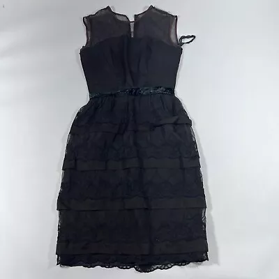 Vintage Nadine Boutique Black Dress Party Cinched Waist Lace Tiered Skirt • $17.95